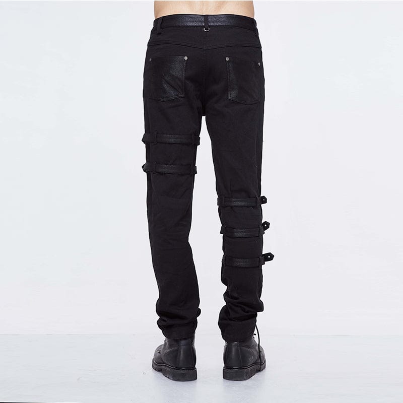 DEVIL FASHION Men's Punk Ripped Straps Straight-leg Pants