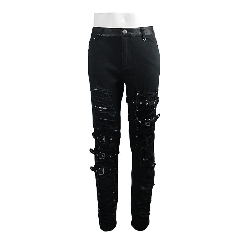 DEVIL FASHION Men's Punk Ripped Straps Straight-leg Pants