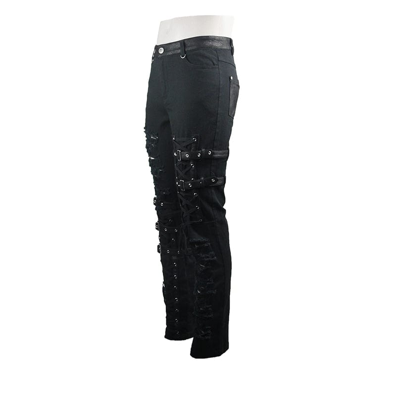 DEVIL FASHION Men's Punk Ripped Straps Straight-leg Pants