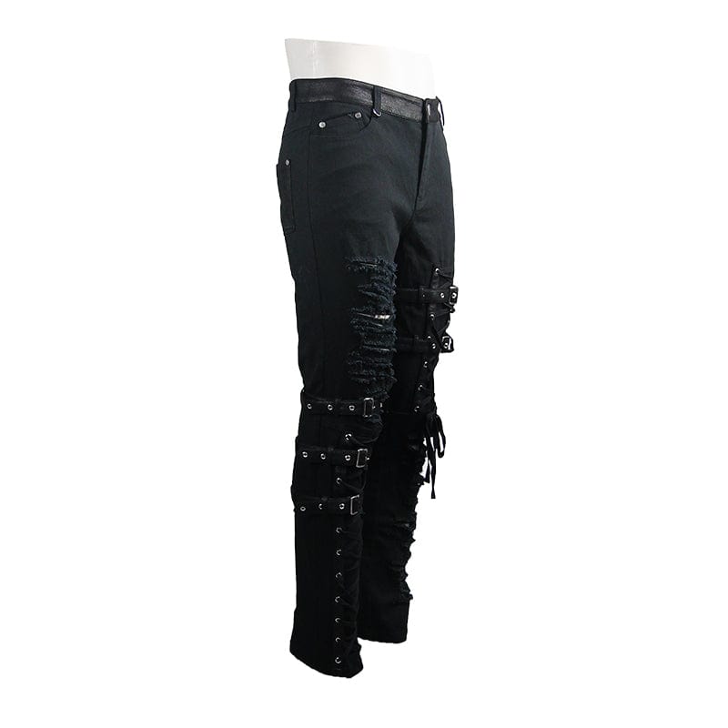 DEVIL FASHION Men's Punk Ripped Straps Straight-leg Pants