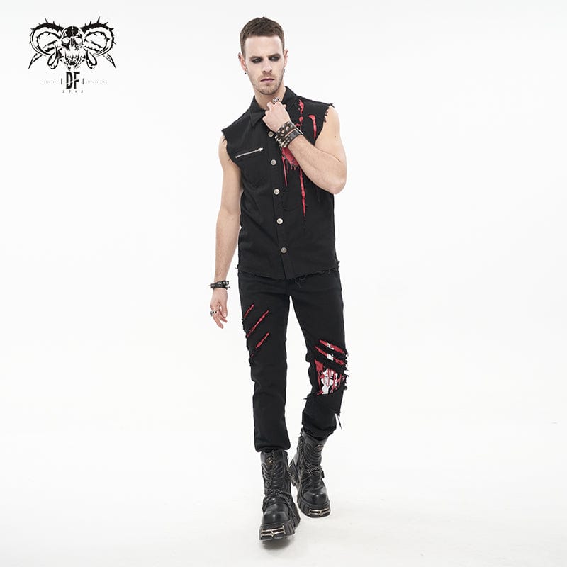 DEVIL FASHION Men's Punk Skeleton Printed Ripped Pants