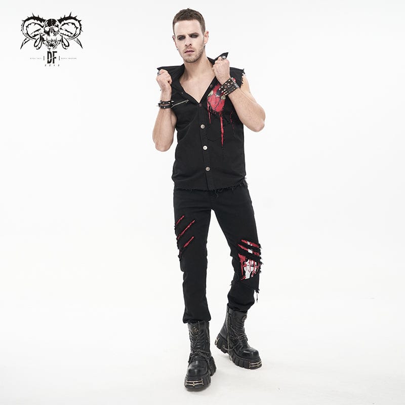 DEVIL FASHION Men's Punk Skeleton Printed Ripped Pants