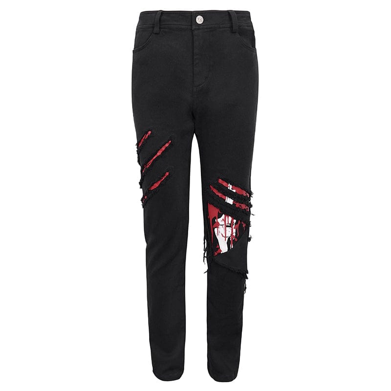 DEVIL FASHION Men's Punk Skeleton Printed Ripped Pants