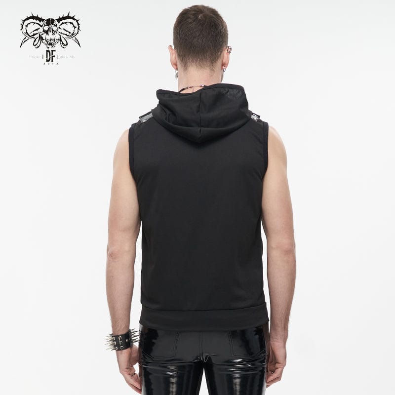 DEVIL FASHION Men's Punk Skull Faux Leather Splice Vest with Hood