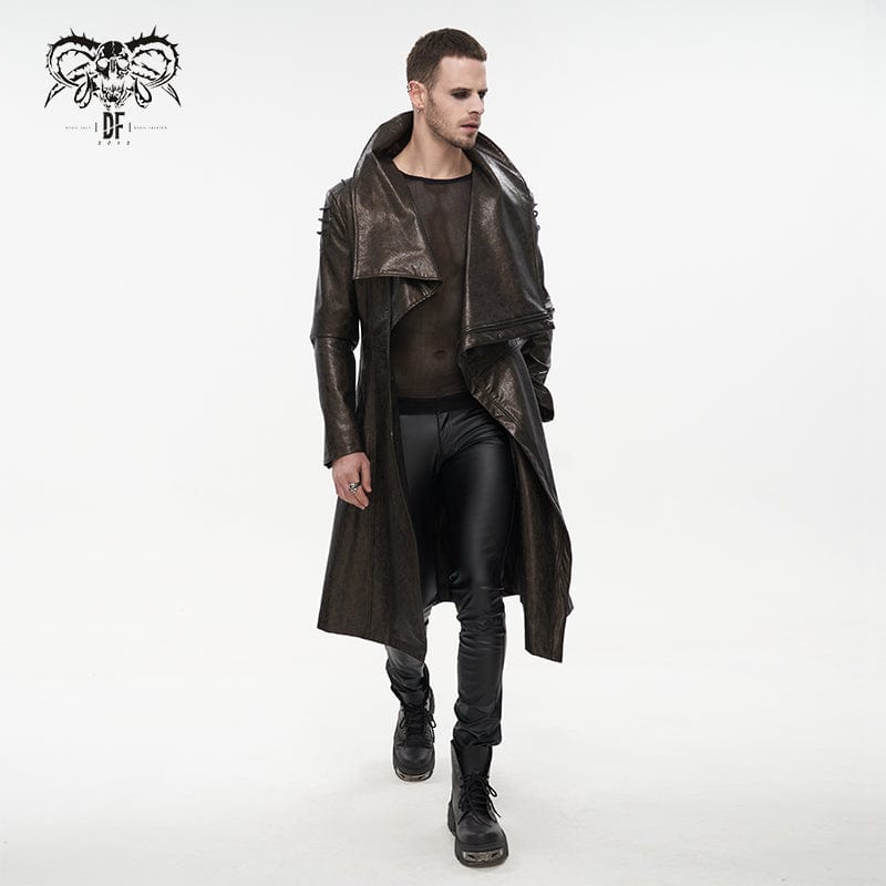 DEVIL FASHION Men's Punk Stand Collar Faux Leather Long Coat Brown