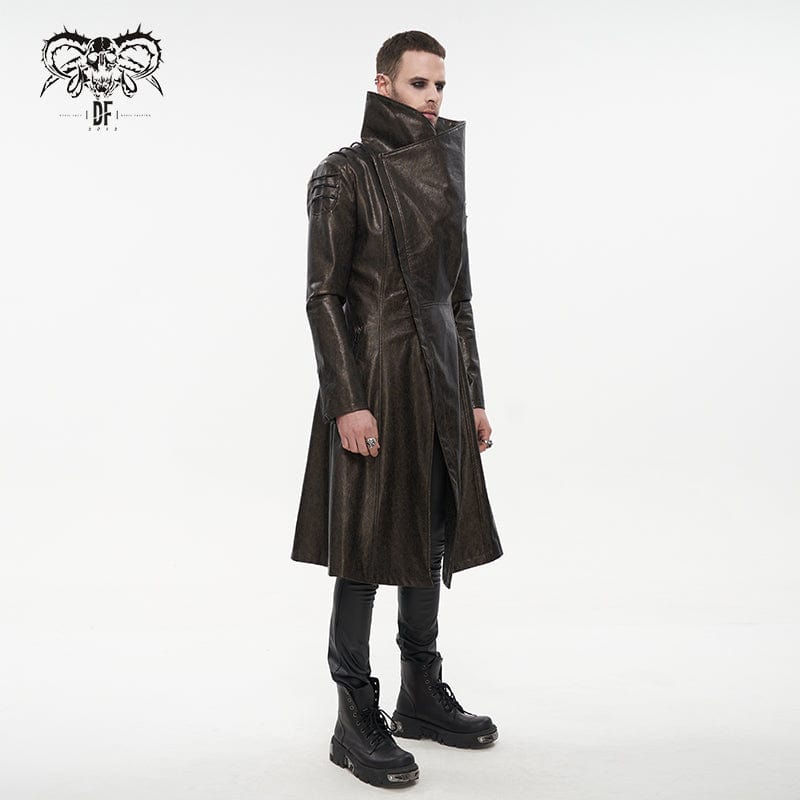 DEVIL FASHION Men's Punk Stand Collar Faux Leather Long Coat Brown