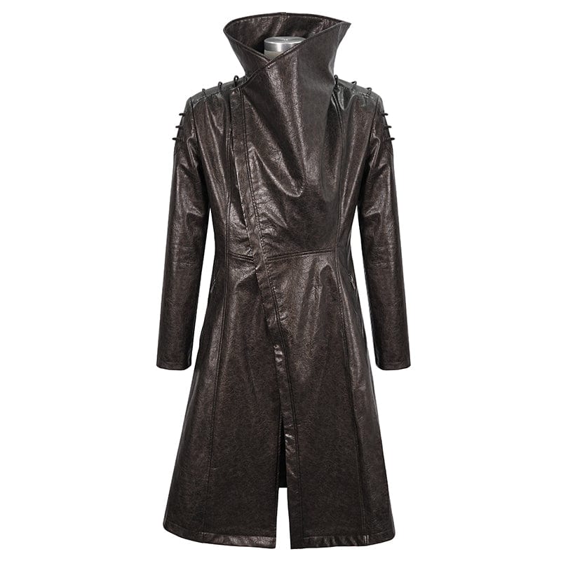 DEVIL FASHION Men's Punk Stand Collar Faux Leather Long Coat Brown