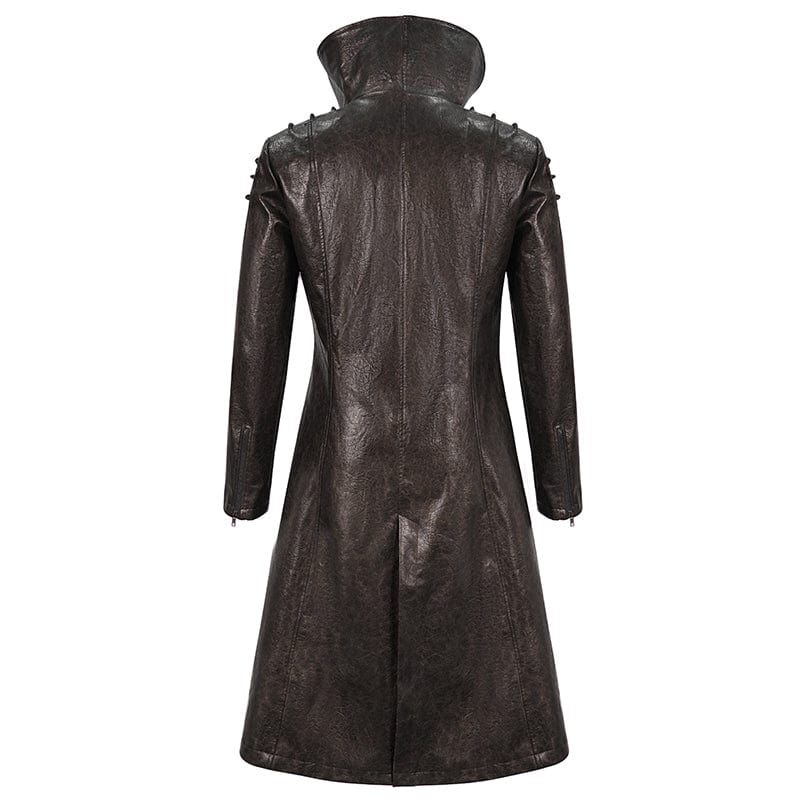 DEVIL FASHION Men's Punk Stand Collar Faux Leather Long Coat Brown