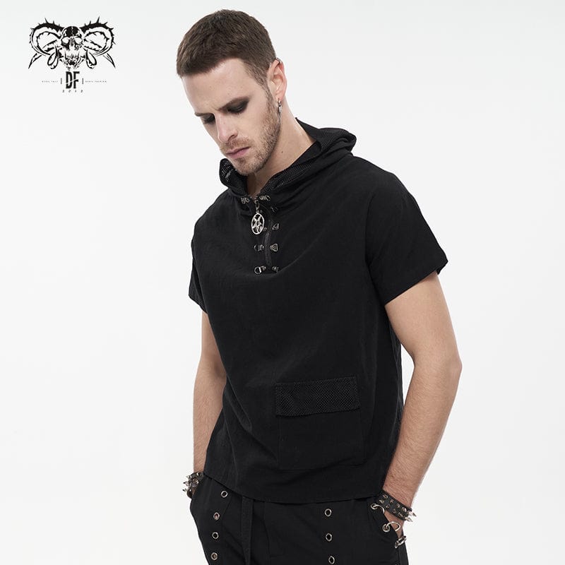 DEVIL FASHION Men's Punk Strappy Mesh Splice Shirt with Hood