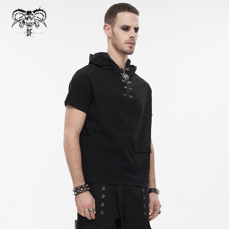 DEVIL FASHION Men's Punk Strappy Mesh Splice Shirt with Hood