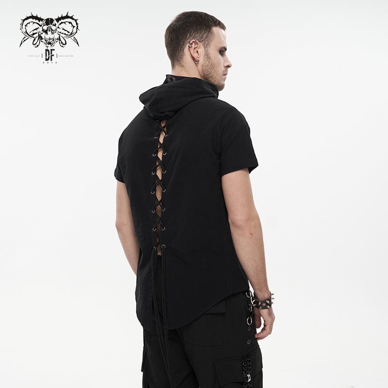 DEVIL FASHION Men's Punk Strappy Mesh Splice Shirt with Hood