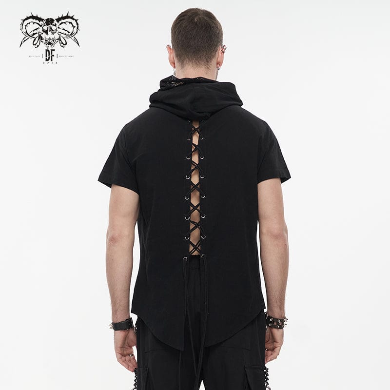 DEVIL FASHION Men's Punk Strappy Mesh Splice Shirt with Hood