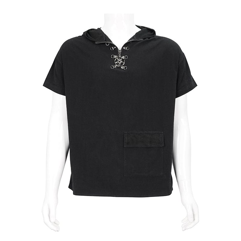 DEVIL FASHION Men's Punk Strappy Mesh Splice Shirt with Hood