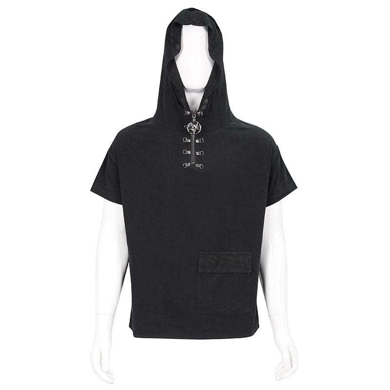 DEVIL FASHION Men's Punk Strappy Mesh Splice Shirt with Hood