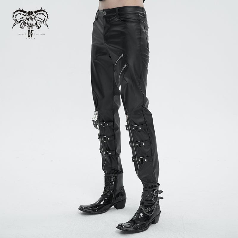 DEVIL FASHION Men's Punk Zipper Faux Leather Pants