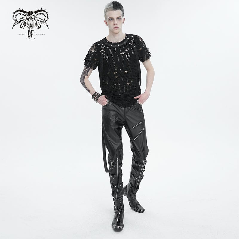 DEVIL FASHION Men's Punk Zipper Faux Leather Pants