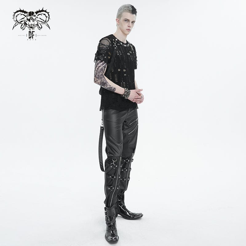 DEVIL FASHION Men's Punk Zipper Faux Leather Pants