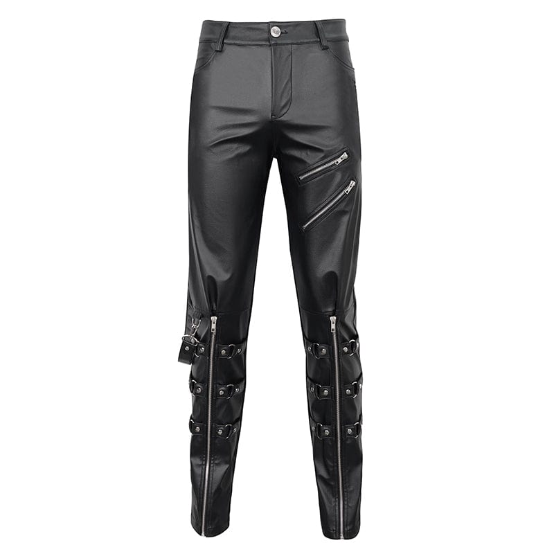 DEVIL FASHION Men's Punk Zipper Faux Leather Pants