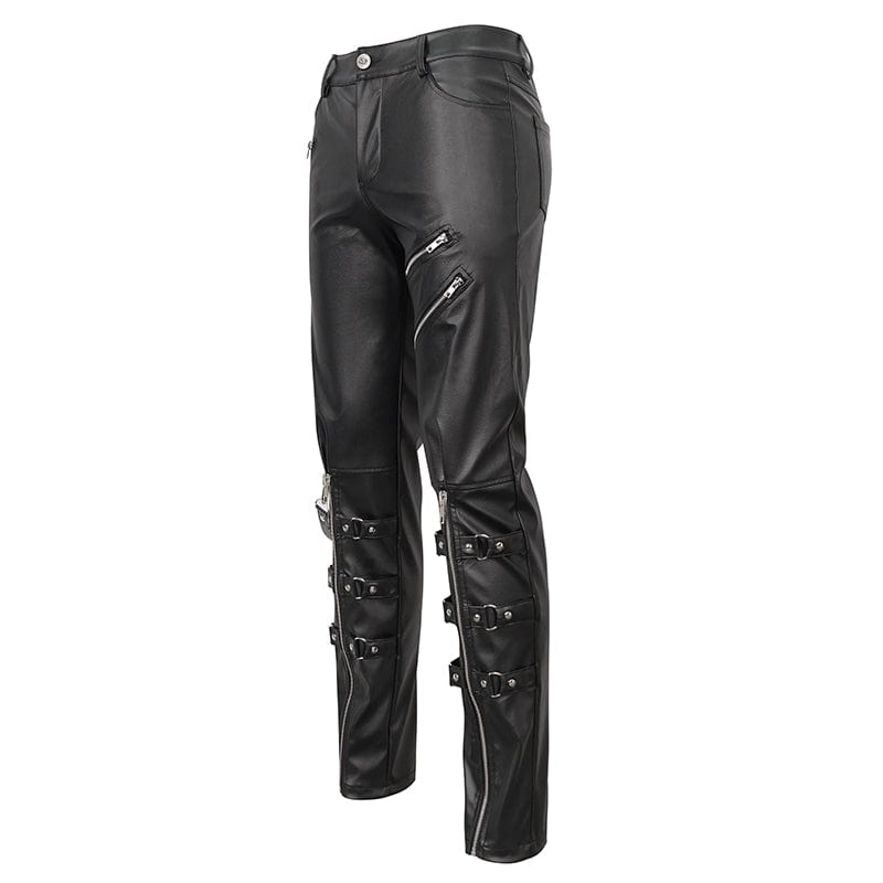 DEVIL FASHION Men's Punk Zipper Faux Leather Pants