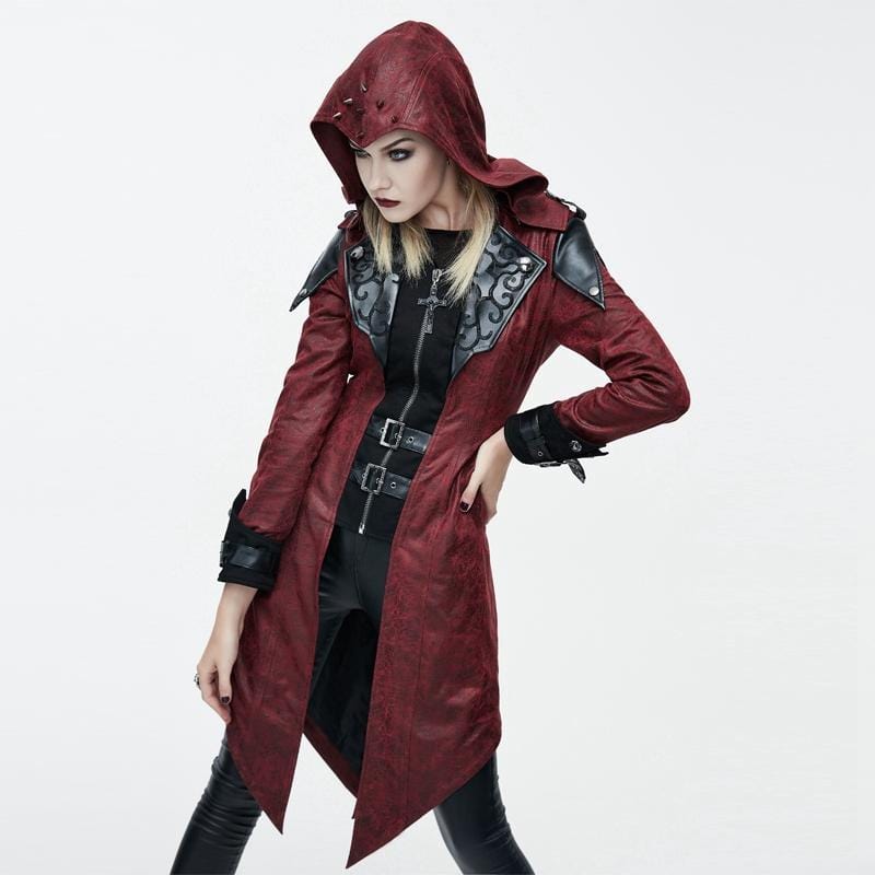 DEVIL FASHION Women's Asymmetric Hem Hooded Goth Coat with Leather Details