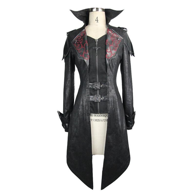 DEVIL FASHION Women's Asymmetric Hem Hooded Goth Coat with Leather Details