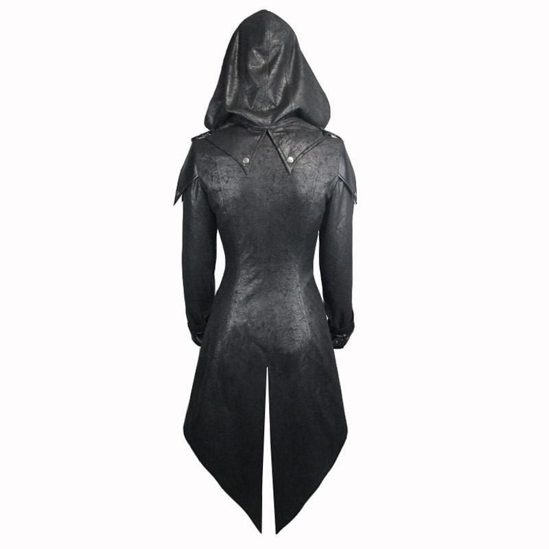 DEVIL FASHION Women's Asymmetric Hem Hooded Goth Coat with Leather Details