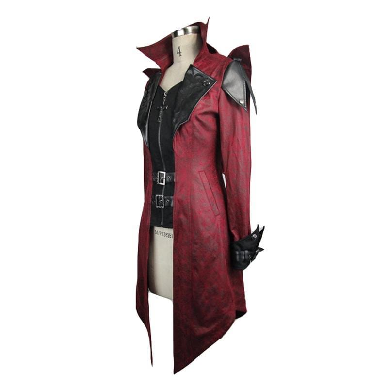 DEVIL FASHION Women's Asymmetric Hem Hooded Goth Coat with Leather Details