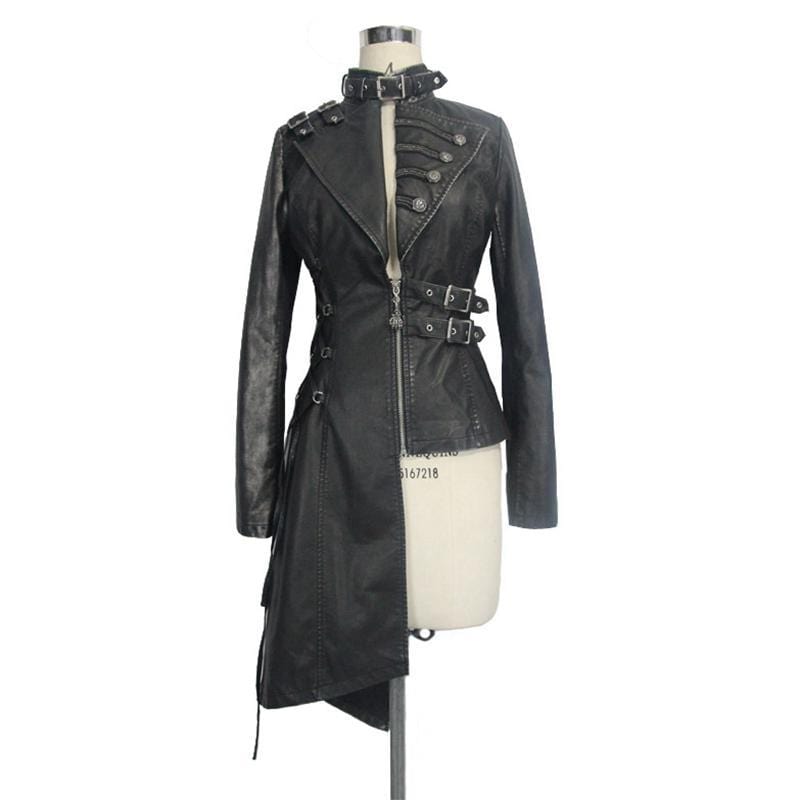 DEVIL FASHION Women's Asymmetric Leather Punk Coat