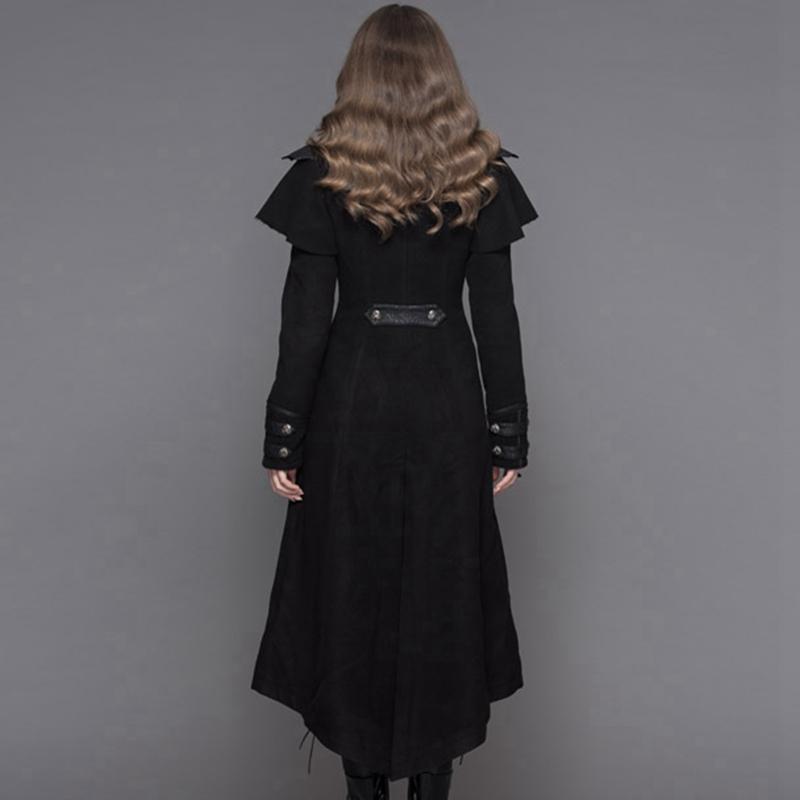 DEVIL FASHION Women's Asymmetric Long Leather Trimmed Goth Coat