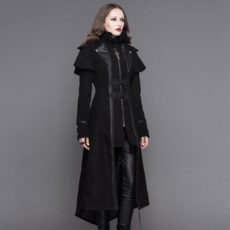 DEVIL FASHION Women's Asymmetric Long Leather Trimmed Goth Coat