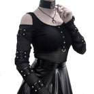 DEVIL FASHION Women's Cold-Shoulder Strappy Steampunk Mesh Top