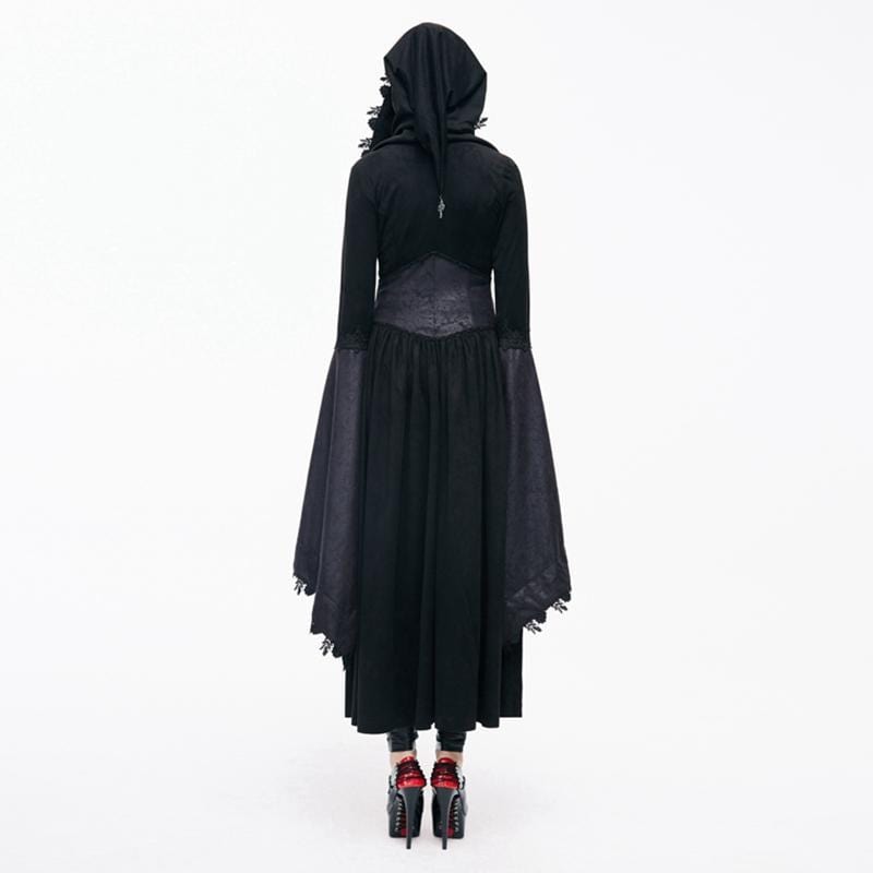 DEVIL FASHION Women's Goth Ankle Dress With Hood and Angel Sleeves