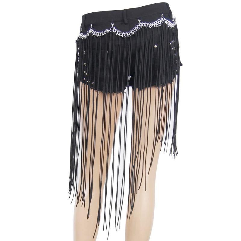 Women's Goth Cutoff Shorts With Detachable Tassels and Skull Button