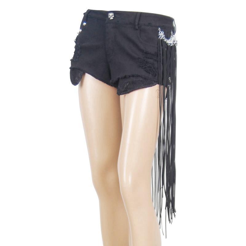 Women's Goth Cutoff Shorts With Detachable Tassels and Skull Button