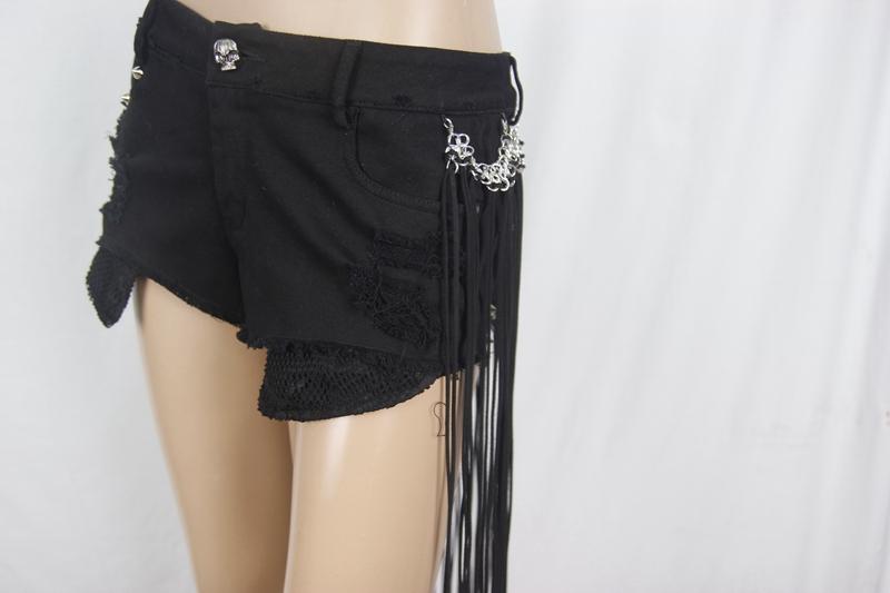 Women's Goth Cutoff Shorts With Detachable Tassels and Skull Button