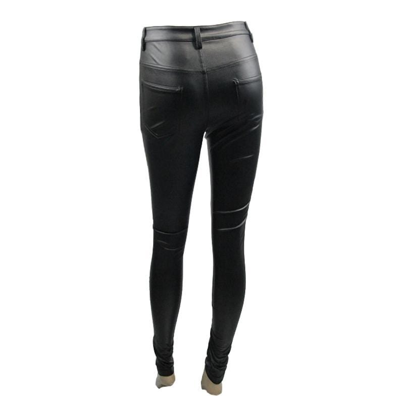 DEVIL FASHION Women's Goth Leather Low Rise Pants With Skull Button