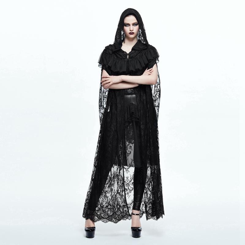 DEVIL FASHION Women's Goth Long Lace Ruffled Cape