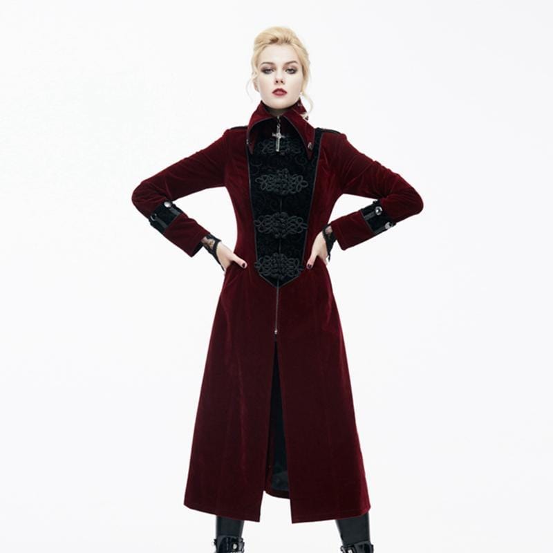 DEVIL FASHION Women's Goth Princess Cut Coat With Elaborate Frog Closure