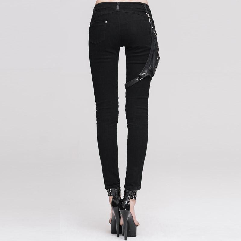 DEVIL FASHION Women's Goth Punk Black Faux Leather Trimmed Trousers