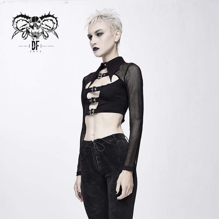 DEVIL FASHION Women's Goth Straps Mesh Short Tops