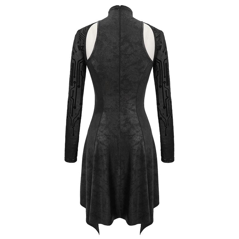 DEVIL FASHION Women's Gothic Asymmetrical Flared Long Sleeved Dresses with Tear-Drop Cut-out Details