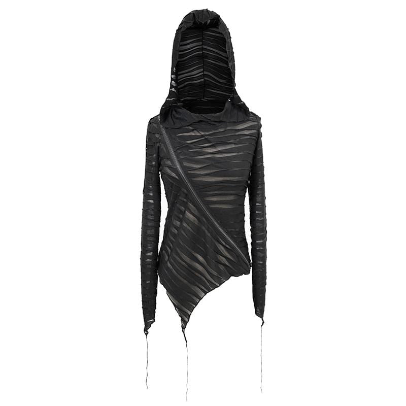 Women's Gothic Asymmetrical Sheer Long Sleeved Tops with Hood