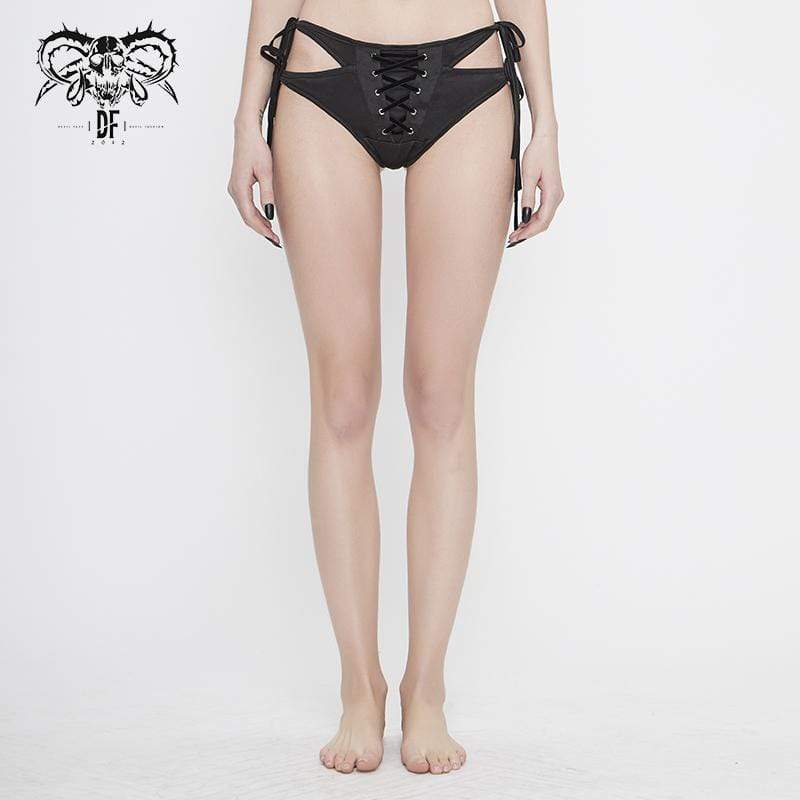 Women's Gothic Black Lace-up Detailed Bikini Bottoms