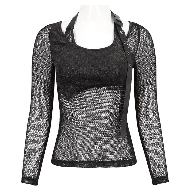 DEVIL FASHION Women's Gothic Buckle Mesh Shirt