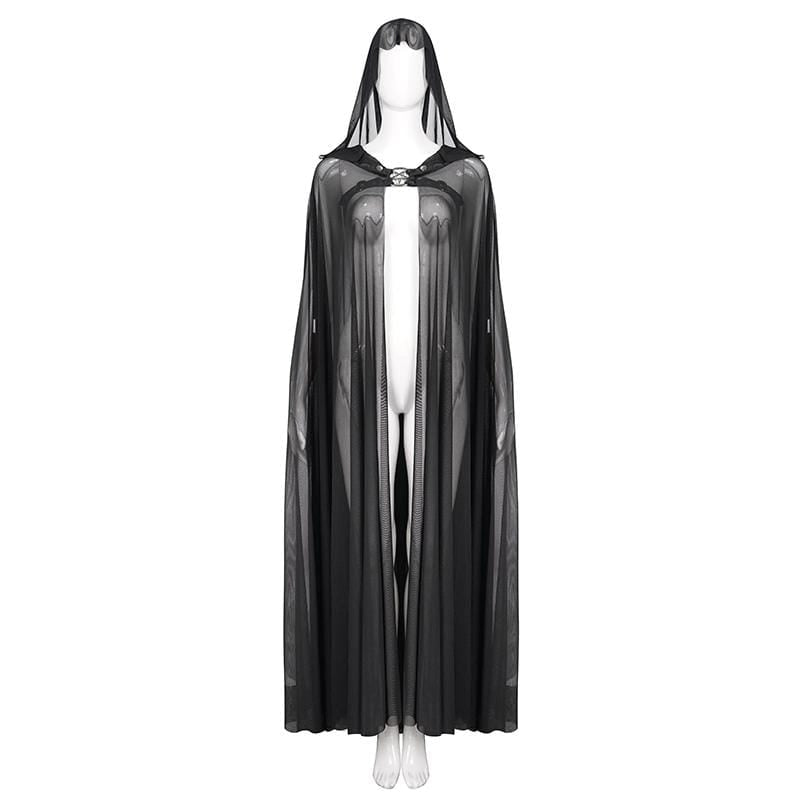 Women's Gothic Buckles Sheer Long Cloak with Hood