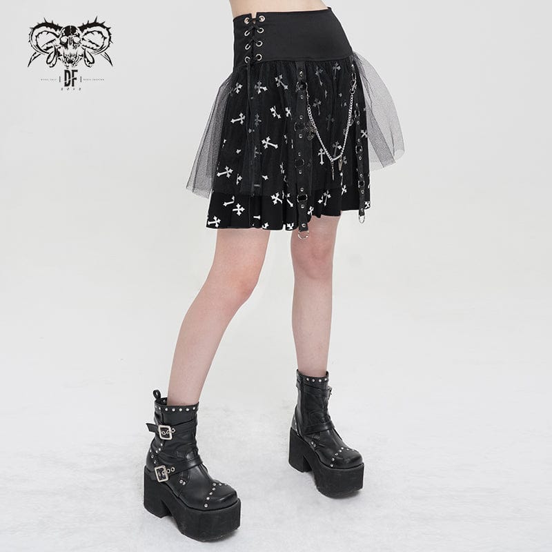 DEVIL FASHION Women's Gothic Cross Printed Mesh Splice Chain Skirt