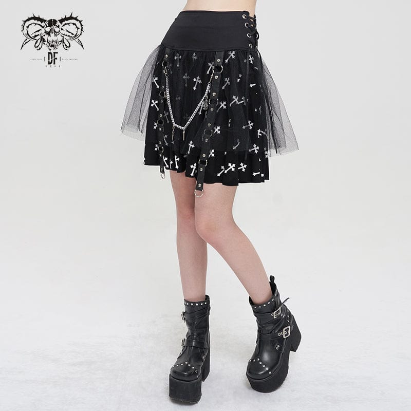 DEVIL FASHION Women's Gothic Cross Printed Mesh Splice Chain Skirt