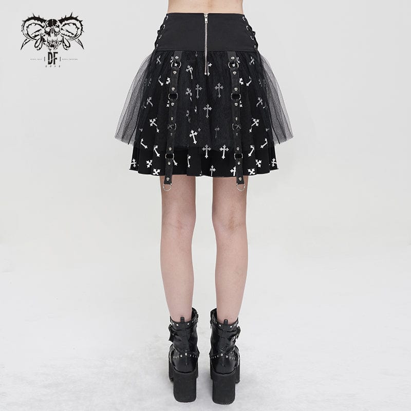 DEVIL FASHION Women's Gothic Cross Printed Mesh Splice Chain Skirt