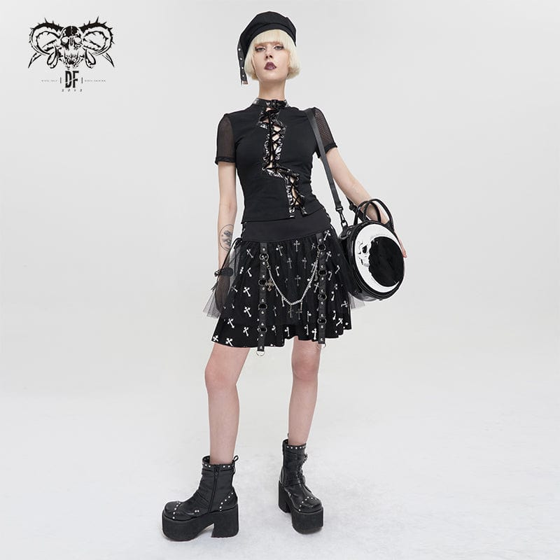 DEVIL FASHION Women's Gothic Cross Printed Mesh Splice Chain Skirt