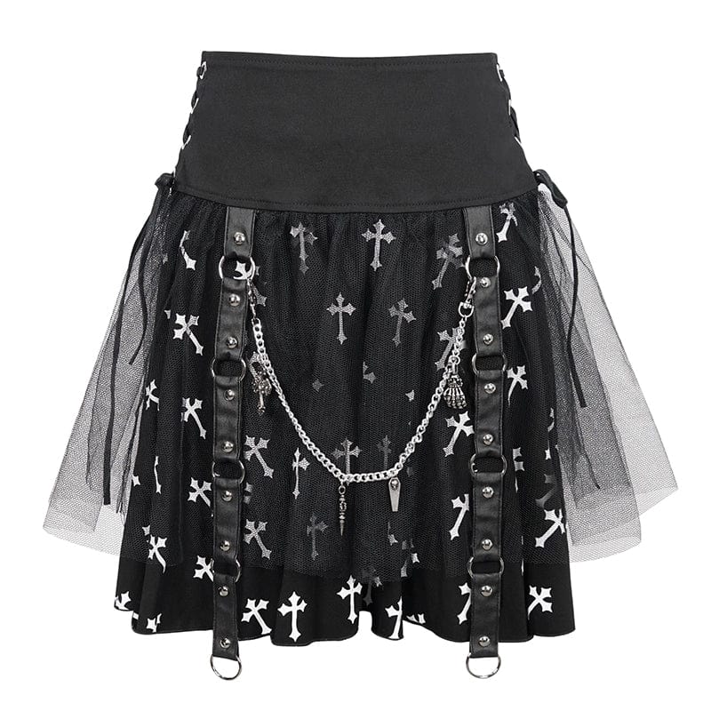 DEVIL FASHION Women's Gothic Cross Printed Mesh Splice Chain Skirt